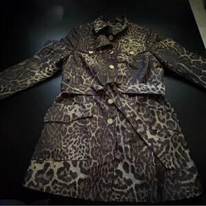 Rena‎ Lange Leopard Print Trench Coat Size 8 Silk/Poly Blend removable
